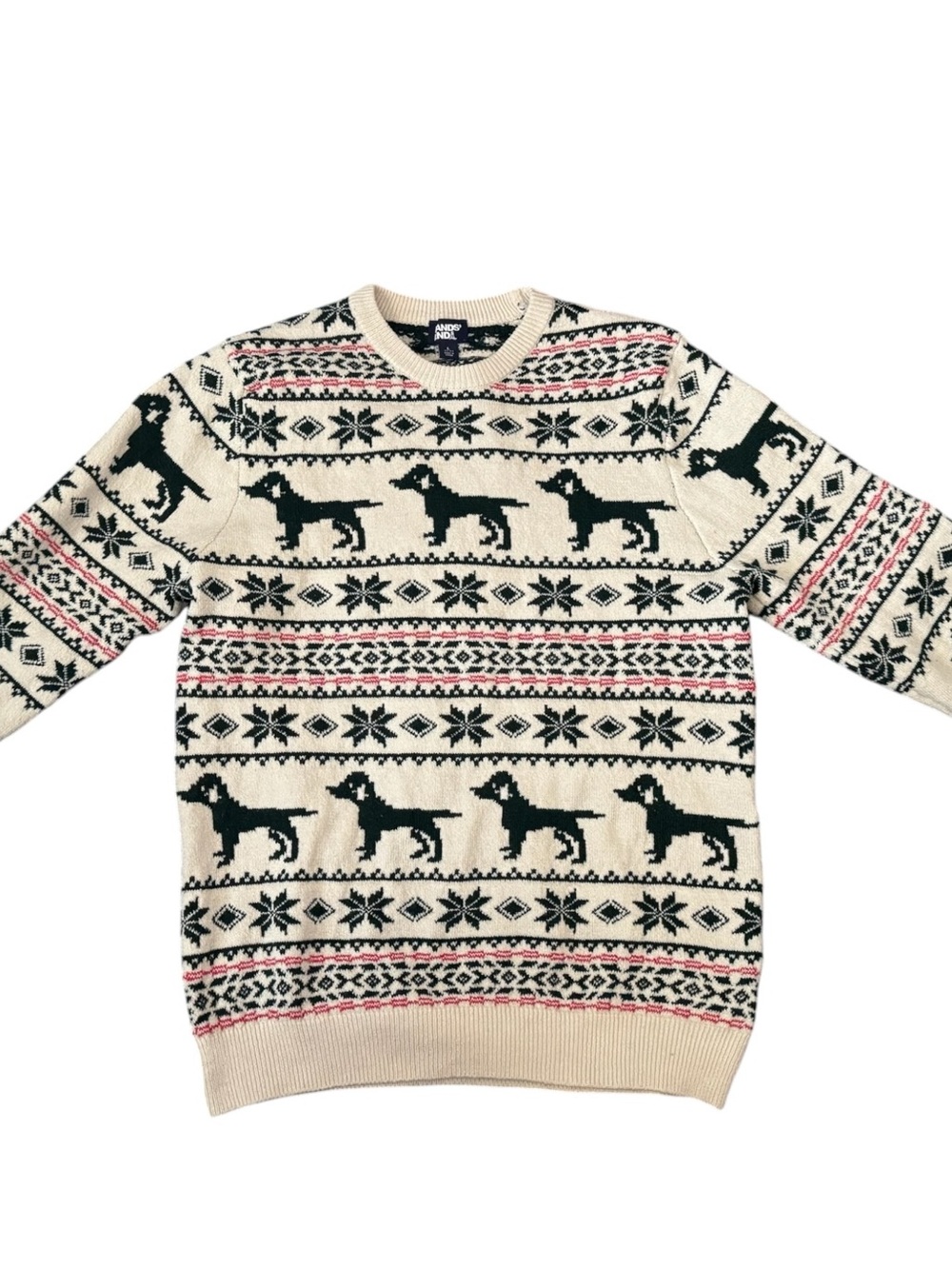 Lands End Mens Sweater Fair Isle Dog Holiday Christmas Cream Nordic Large 42-44 - Picture 2 of 14